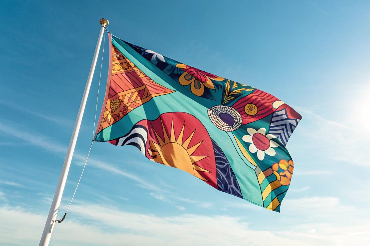 A colorful flag banner catching the wind, showcasing its dynamic visual appeal. A vibrant flag banner fluttering in the wind against a blue sky