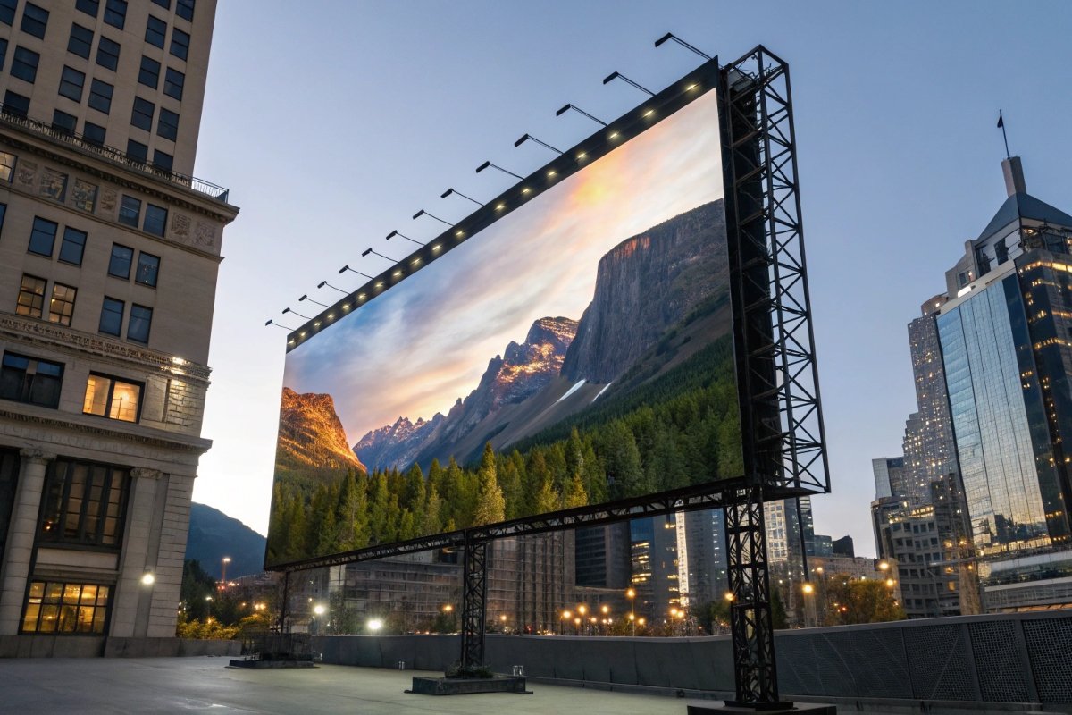 A large outdoor frontlit banner illuminated at night. Frontlit banner in use