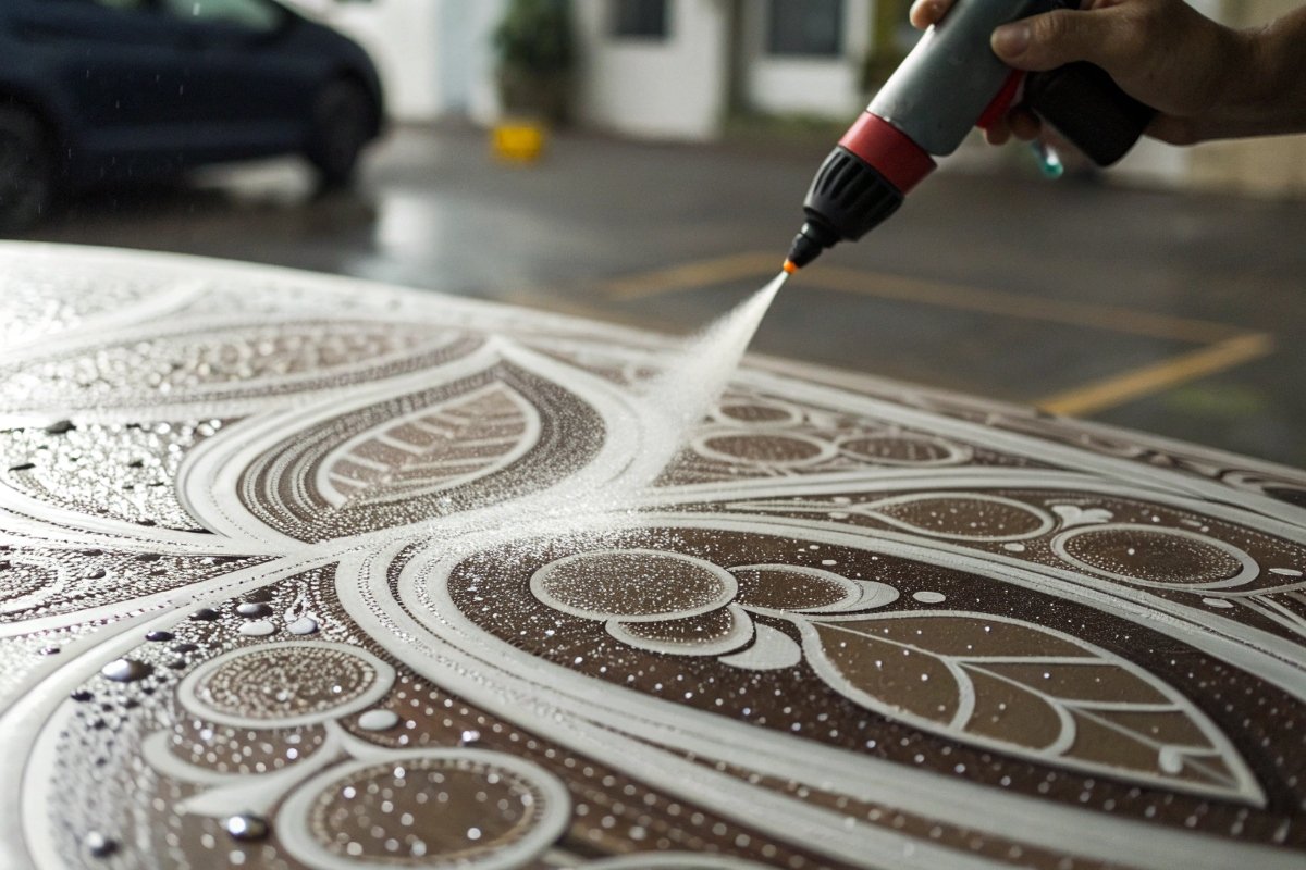 A self-adhesive vinyl graphic on a surface being sprayed with water, showing water beading