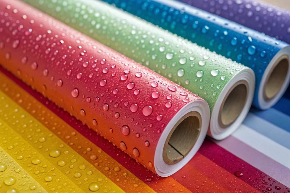 A detailed view highlighting the water-resistant and print quality features of printable vinyl. Close-up of printed vinyl showing vibrant colors and smooth texture, with water beading