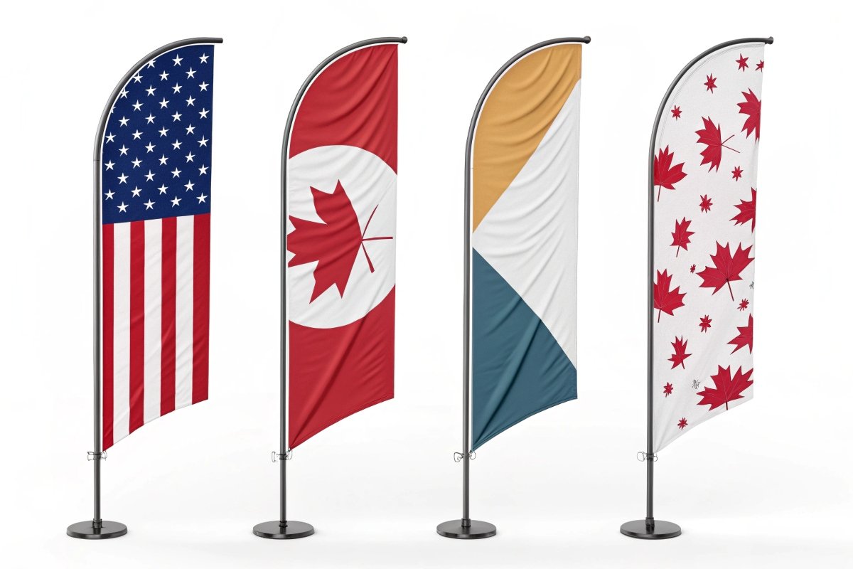 Visual examples of various flag banner shapes and styles. Collage of different flag banner types: blade flag, feather flag, traditional flag