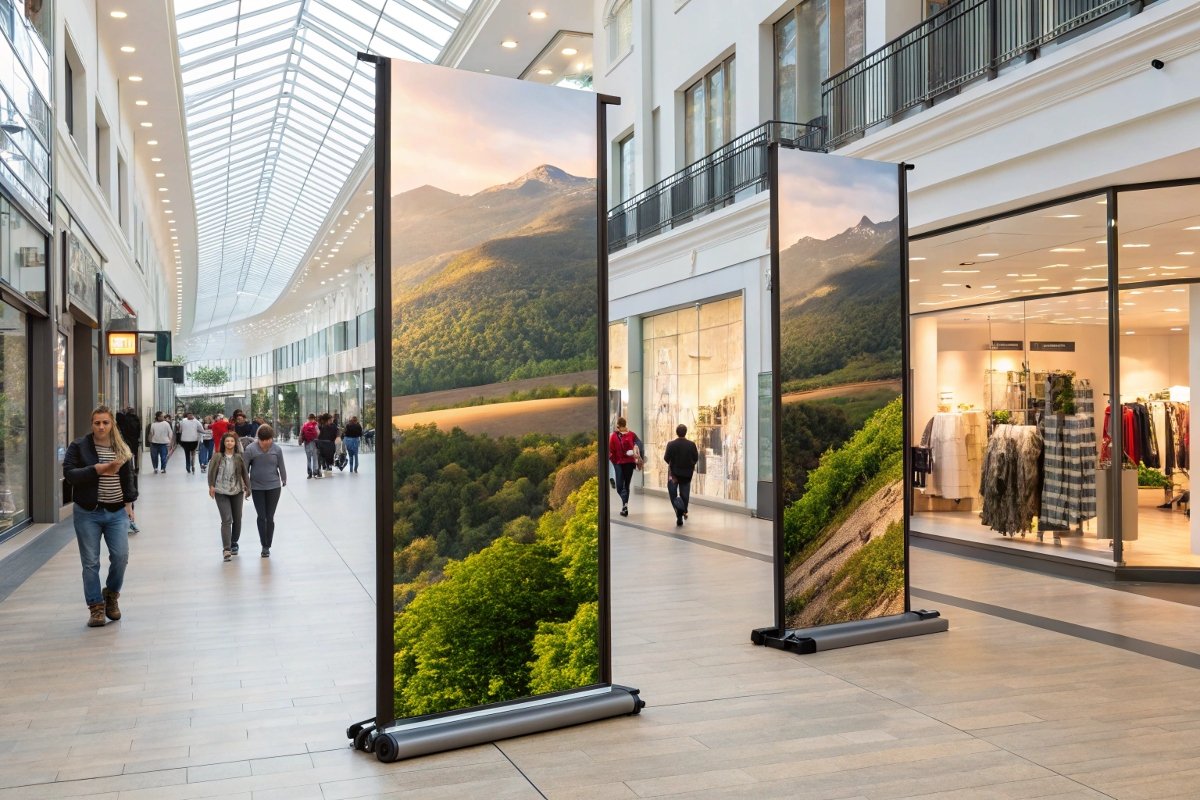 Various applications of double-sided banners in urban and retail settings
