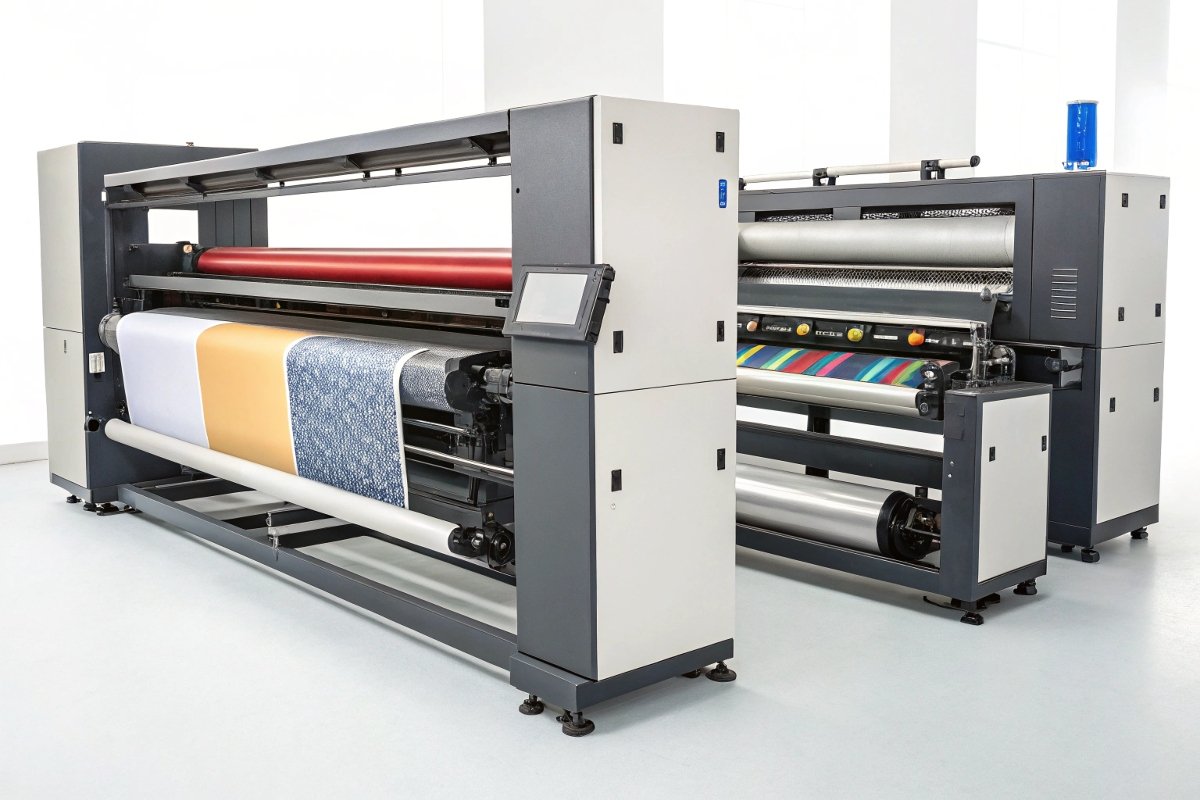 A collage of different printers used for flag banners. Images of printing machines: dye sublimation, UV, and HP Latex