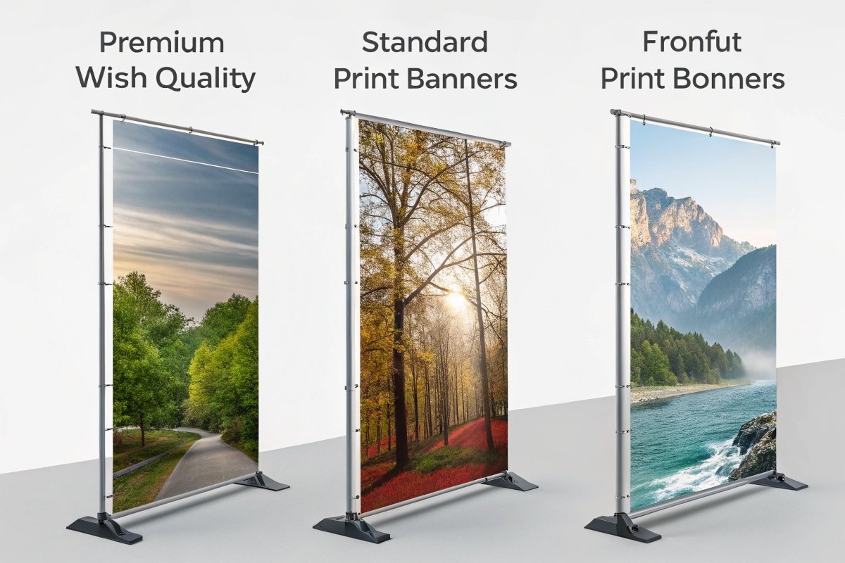 A collage showing different types of flex banners in various uses. Flex banner types variety