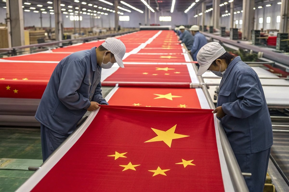 A detailed inspection process showing quality control in a flag banner factory. Image of a quality control inspection on a flag banner production line