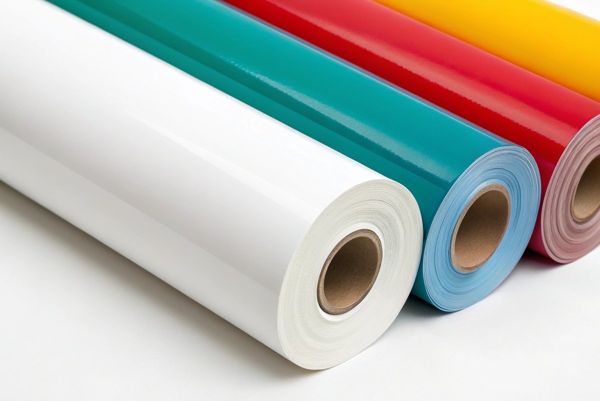 A visual comparison of printable white vinyl and solid colored plotter vinyl rolls. Image showing a roll of white printable vinyl next to rolls of pre-colored plotter vinyl