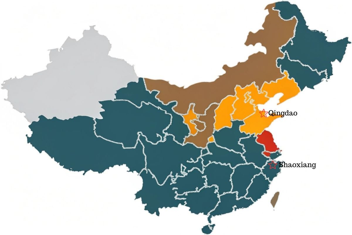 Geographical map indicating the main production regions for flag banners in China. Map highlighting Shaoxing, Zhejiang and Qingdao, Shandong as industry centers