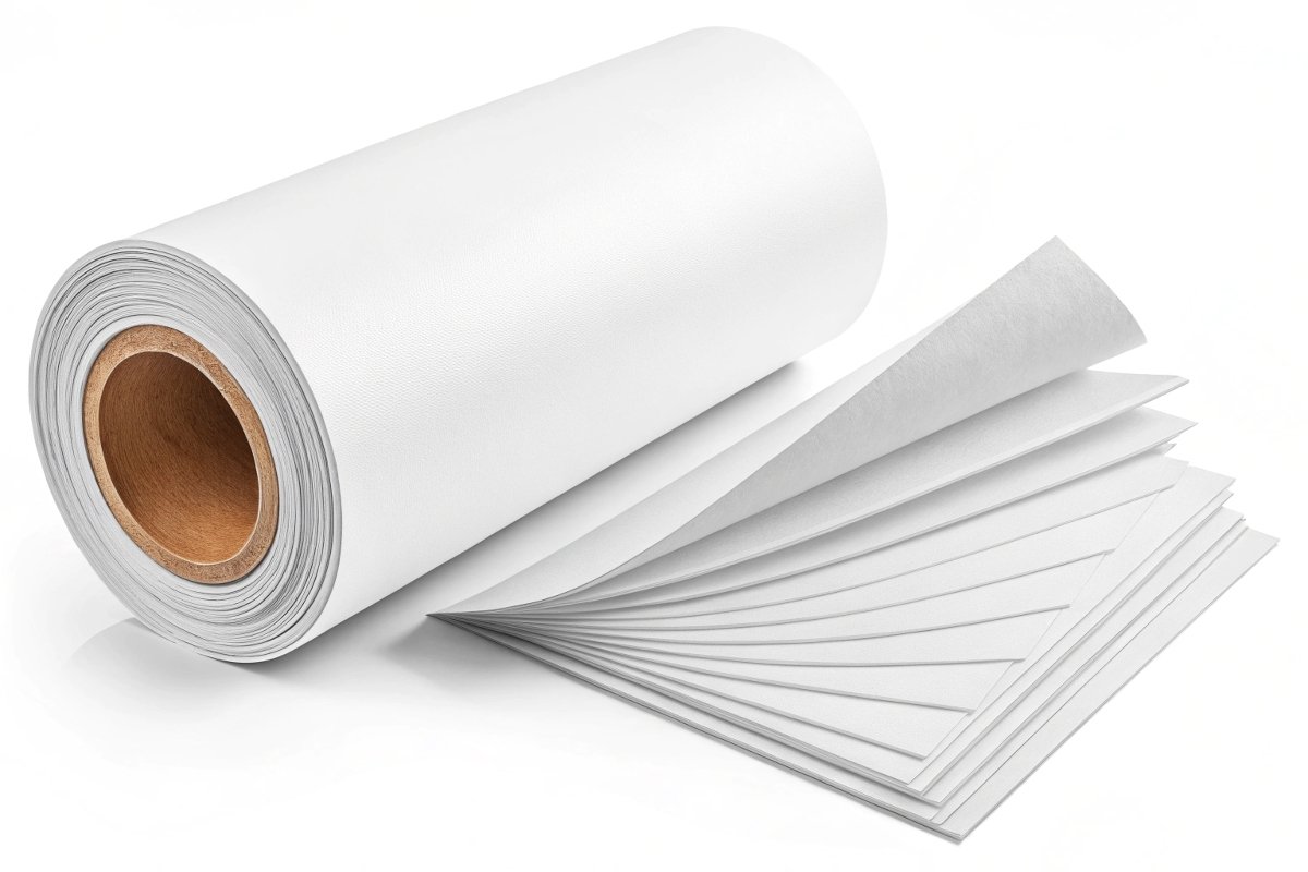 A visual comparison between the robust nature of printable vinyl and the simpler composition of sticker paper. Comparison image: A roll of printable vinyl vs sheets of sticker paper