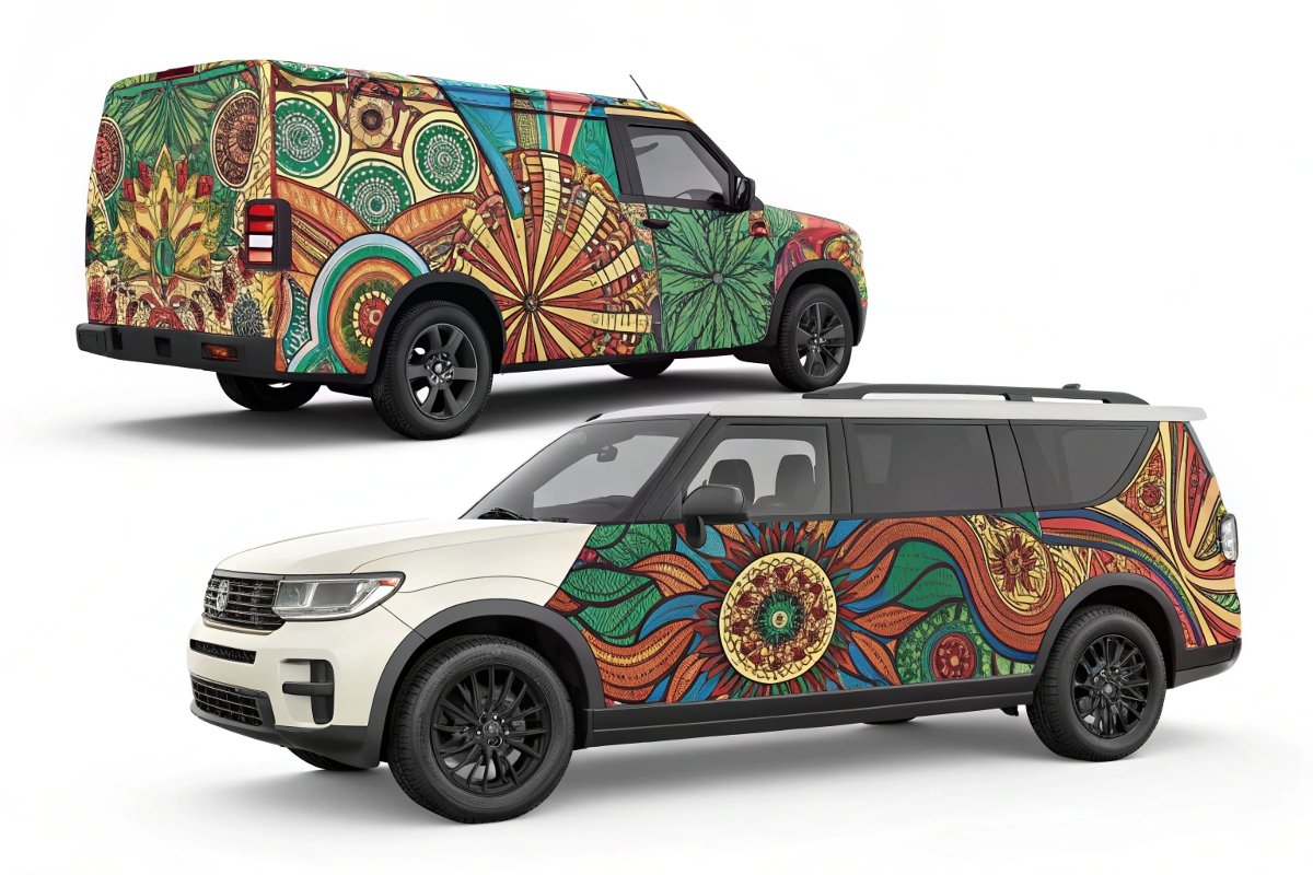 A collection of photographs illustrating diverse applications of printed vinyl graphics in different settings. Collage of images showcasing various real-world applications of printable vinyl