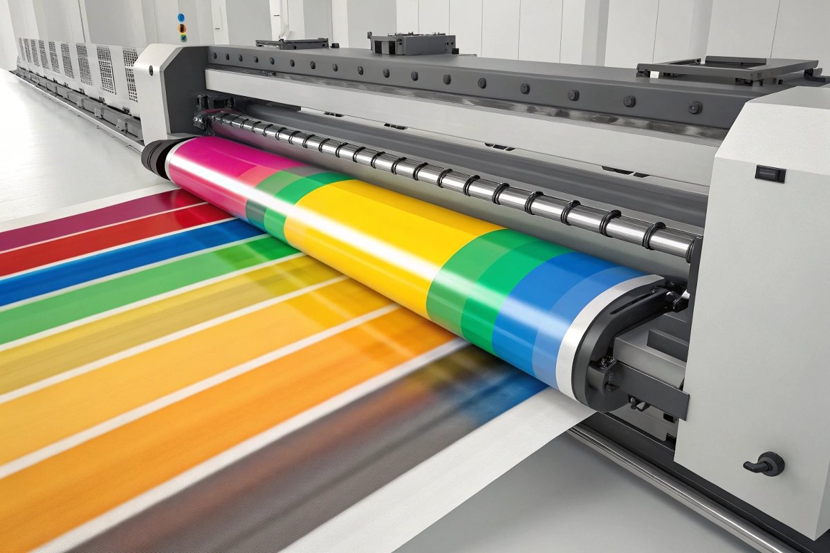 A large format printer laying down ink on a roll of self-adhesive vinyl