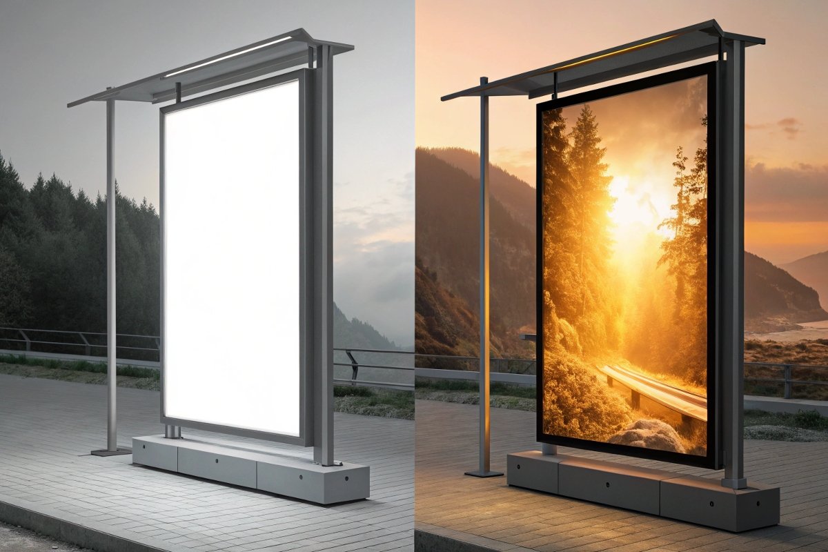 Diagram showing light sources for backlit and frontlit banners. Backlit vs. Frontlit banners