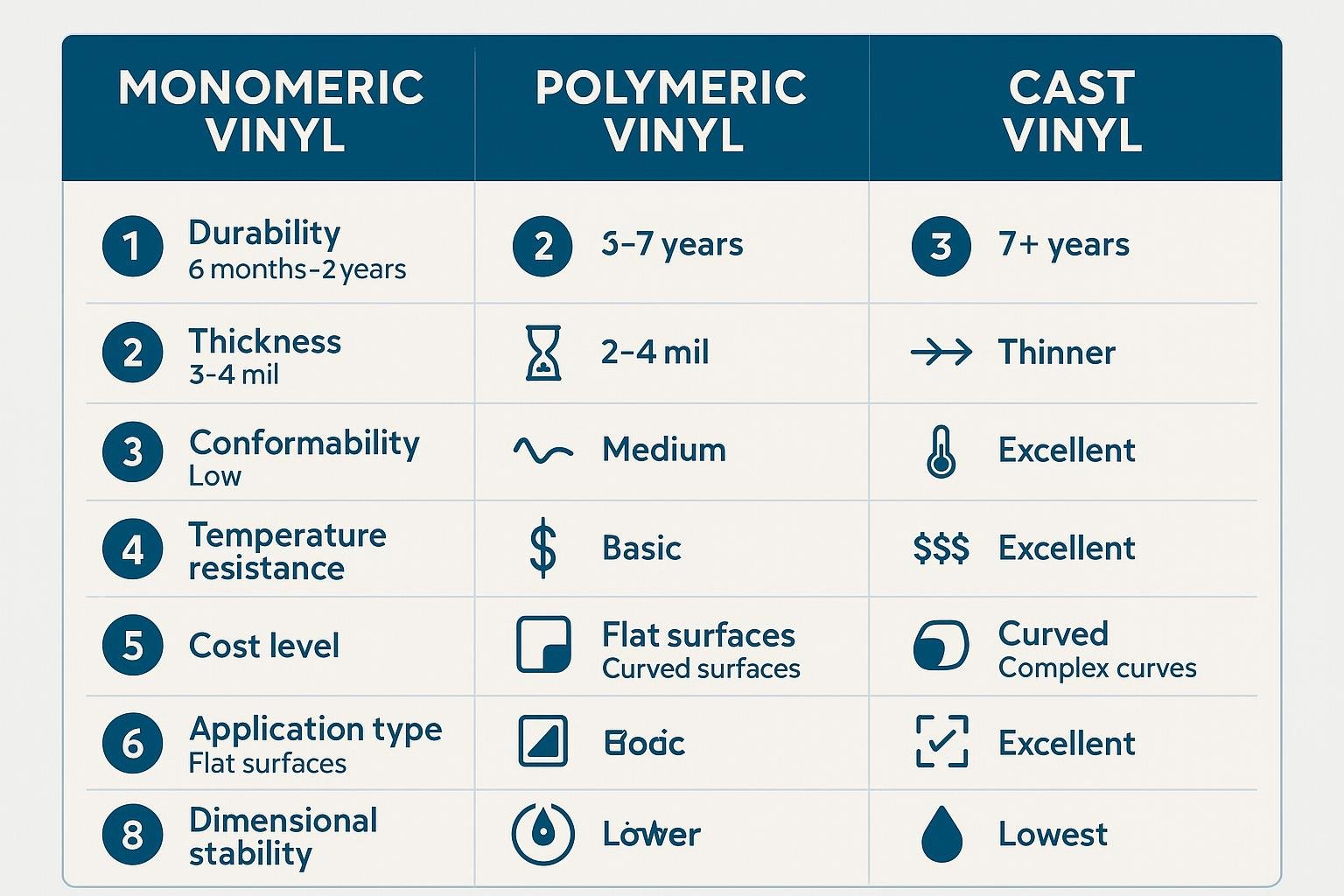 Infographic comparing monomeric, polymeric, and cast vinyl properties